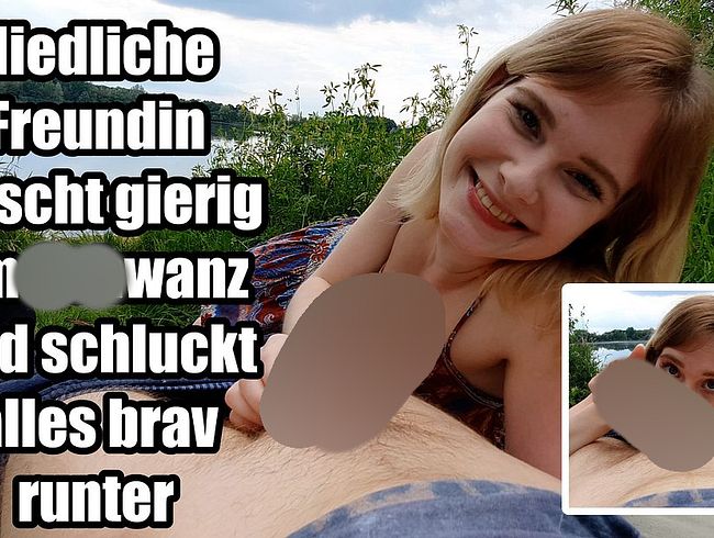 Niedliche Freundin lut**ht gierig am schw**z und schl**kt alles brav runter