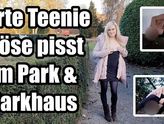 Zarte Teenie mö*epi**t im Park & Parkhaus - Schmale Lippen und Goldener Strahl