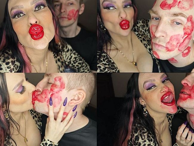 sa*tige, klebrige, laute, aggressive Küsse über das ganze Gesicht eines Mannes mit rotem Lippenstift